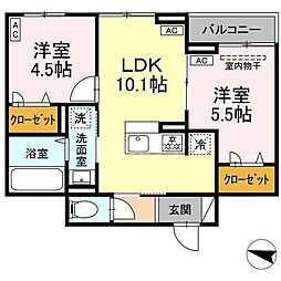 セレスティア西綾瀬 2階2LDKの間取り