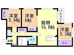 ZABOHILLSMINAMI16JO 3LDKの間取図画像
