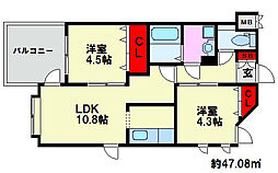 ベルメゾン高宮通り 2LDKの間取図画像