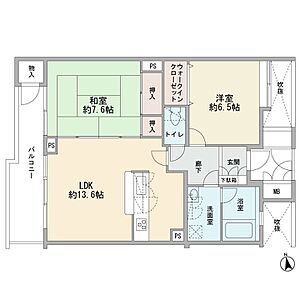間取り：5階部分の北西角部屋です　ワイドバルコニー　カウンターキッチン　ウォークインクロゼット　2ＬＤＫ　ペット飼育可能　新規リフォーム　エレベータ有り　オートロック　宅配ボックス　エアコン付き　新耐震基準…
