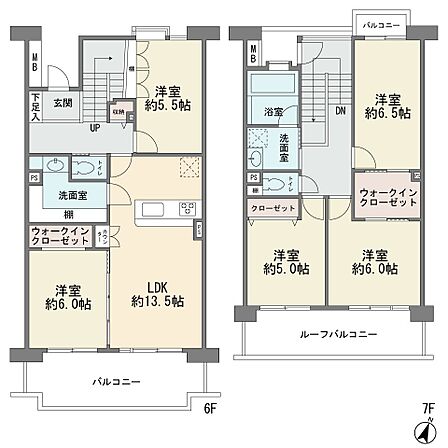 最上階の東南向き ワイドバルコニー2箇所 メゾネットタイプの5LDK 専有面積122.33平米 エレベータ有り 新規フルリフォーム済み 総戸数252戸 新耐震基準 バス停1分