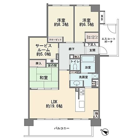 最上階の南西向き角部屋です ワイドバルコニー カウンターキッチン LDK19.6帖 3LDK+サービスルーム シューズインクローク 玄関ポーチ 総戸数83戸 新耐震基準 宅配ボックス オートロック …