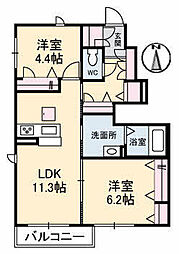 レーベン国府B 2LDKの間取図画像