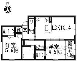 京都地下鉄東西線 石田駅 徒歩6分の賃貸アパート 2階2LDKの間取り