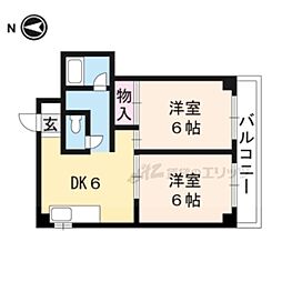 エバーグリーンヴィラ辰己 2DKの間取図画像