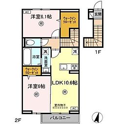 ロイヤルタウン上峰B 2階2LDKの間取り
