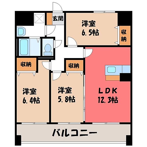 リバーサイド天神 ｜栃木県宇都宮市天神1丁目(賃貸マンション3LDK・10階・73.96㎡)の写真 その2