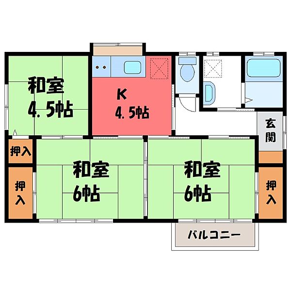 渡辺住宅9 F ｜栃木県真岡市大谷新町(賃貸一戸建3K・1階・49.68㎡)の写真 その2