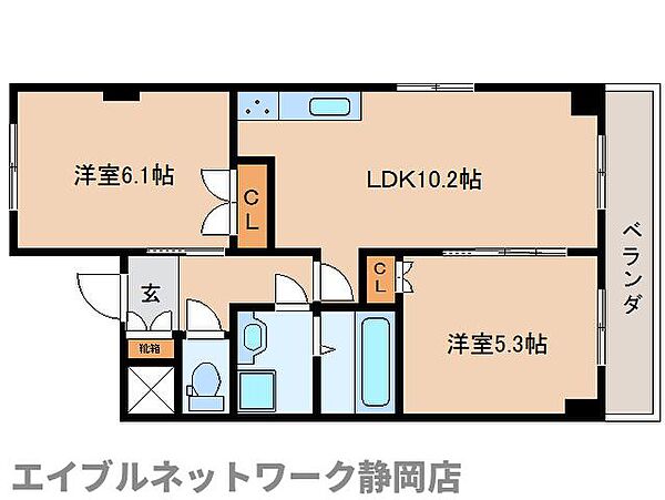 静岡県静岡市葵区川辺町2丁目(賃貸マンション2LDK・3階・48.26㎡)の写真 その2