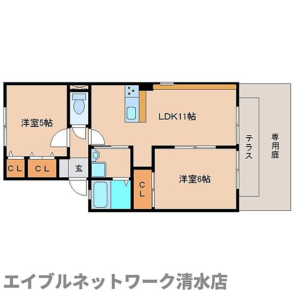 静岡県静岡市清水区蜂ヶ谷(賃貸アパート2LDK・1階・50.00㎡)の写真 その2