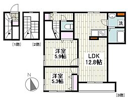 クラウン馬込 3階2LDKの間取り