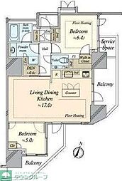 都営三田線 白金台駅 徒歩9分の賃貸マンション 9階2LDKの間取り