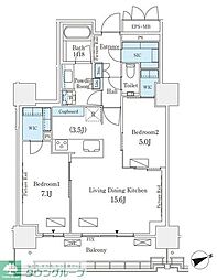 JR山手線 品川駅 徒歩11分の賃貸マンション 25階2LDKの間取り