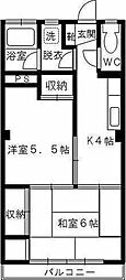 京王線 北野駅 徒歩2分の賃貸マンション 2階2Kの間取り