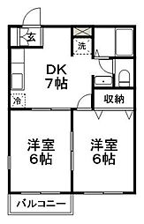 西武拝島線 西武立川駅 徒歩20分の賃貸アパート 2階2DKの間取り