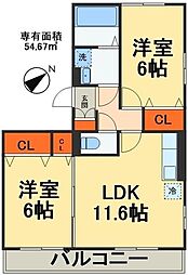 アネシス壱番館 2LDKの間取図画像
