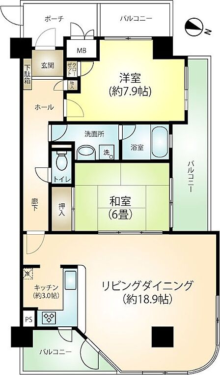 東向き開口に面したリビングダイニング