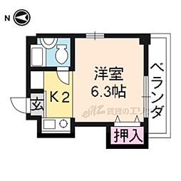 京福電気鉄道北野線 北野白梅町駅 徒歩19分の賃貸マンション 2階1Kの間取り