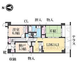 サーパス桂第2 1階2LDKの間取り