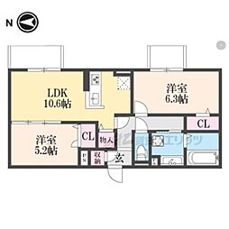 ミル　ソレアード 1階2LDKの間取り