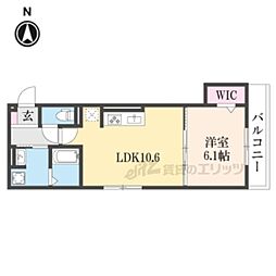 ＧＲＡＭＭ御陵荒木Ｃ 2階1LDKの間取り