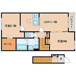 近鉄橿原線 平端駅 徒歩11分の賃貸アパート 2階2LDKの間取り