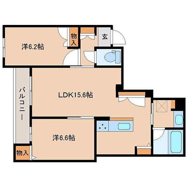 奈良県大和郡山市茶町(賃貸マンション2LDK・2階・62.92㎡)の写真 その2