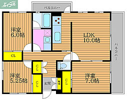 JR吉備線 備前三門駅 徒歩13分の賃貸マンション 2階3LDKの間取り
