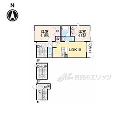 グレーヌ東寺 3階2LDKの間取り