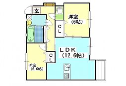 グランアベニュー国富2 2LDKの間取図画像
