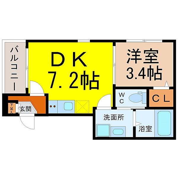 画像2:間取図　DK7.2帖　洋室3.4帖　脱衣洗面所　バルコニー