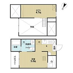 エクシア道徳 1Kの間取図画像