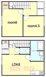 神戸市長田区房王寺町3丁目アパート 2LDKの間取図画像