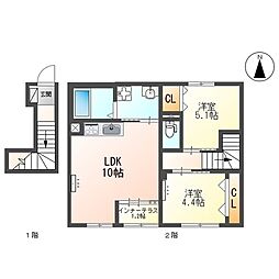 尼崎市立花町2丁目アパート 2LDKの間取図画像