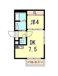 ルミエール西代B棟 1DKの間取図画像