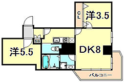 Leafy北野 2DKの間取図画像