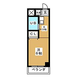 プレステージII 1階ワンルームの間取り
