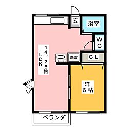 都木ハイツD 2階1LDKの間取り