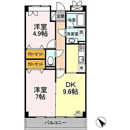 グランディールはるひ野 2DKの間取図画像