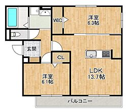 仮称)D-room勝部3丁目 2LDKの間取図画像