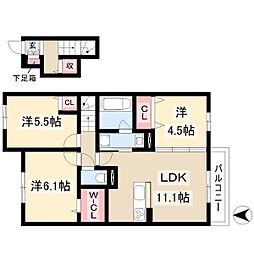 サンハイム八社 2階3LDKの間取り