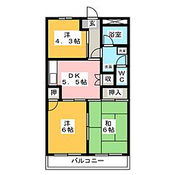 雅ハイツ1 3DKの間取図画像