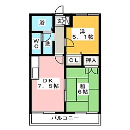ハミング平子 2階2DKの間取り