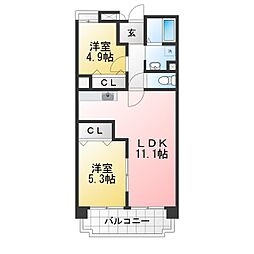 ユーハウス鶴舞2 2LDKの間取図画像