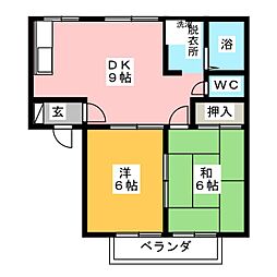 シモン滝の水Ａ棟 2階2LDKの間取り