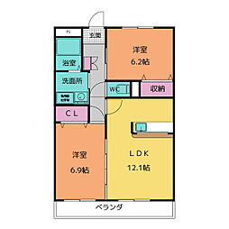 オアシス荒池 2階2LDKの間取り