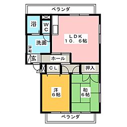 プレステージ忠興 Ｂ 3階2LDKの間取り