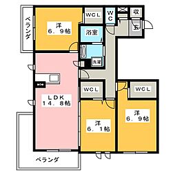 シェ・ブラウゼ北村 3階3LDKの間取り
