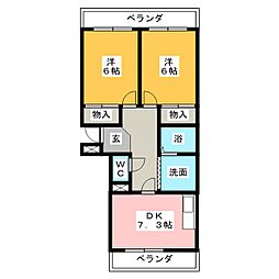 フリーダム 3階2DKの間取り