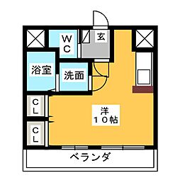 エバーグリーン上原 2階ワンルームの間取り